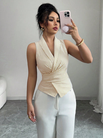 Women's Sleeveless V-Neck Tie Waist Bow Elegant Blouse.