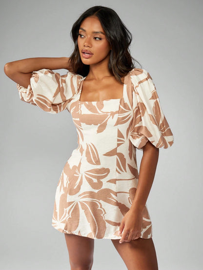 Women's Printed Linen Square Neck Aline Dress With Puff Sleeve.