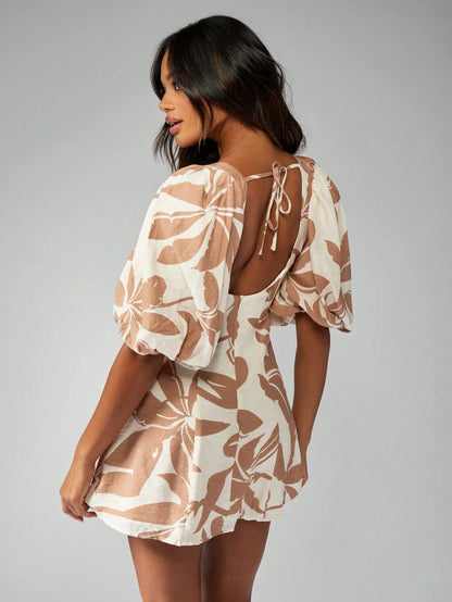 Women's Printed Linen Square Neck Aline Dress With Puff Sleeve.