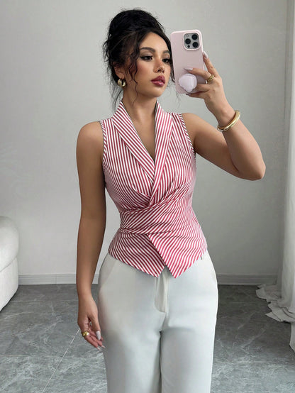 Women's Sleeveless V-Neck Tie Waist Bow Elegant Blouse.
