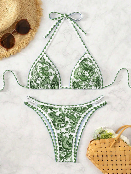 Women's Summer Beach Plant Printed Halter Neck Sexy Bikini Set