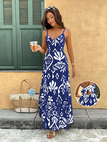 Women's Bohemian Style Belted Spaghetti Strap Patchwork Dress Maxi Vacation Beach Outfit