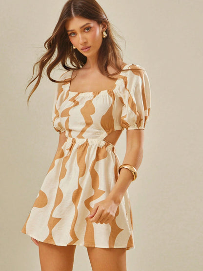 Women's Geometric Print Square Neck Puff Sleeve Cutout Waist Mini Dress