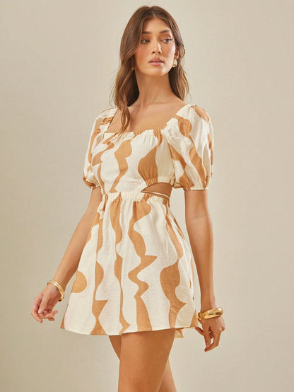 Women's Geometric Print Square Neck Puff Sleeve Cutout Waist Mini Dress