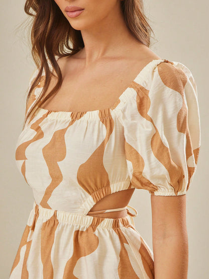Women's Geometric Print Square Neck Puff Sleeve Cutout Waist Mini Dress
