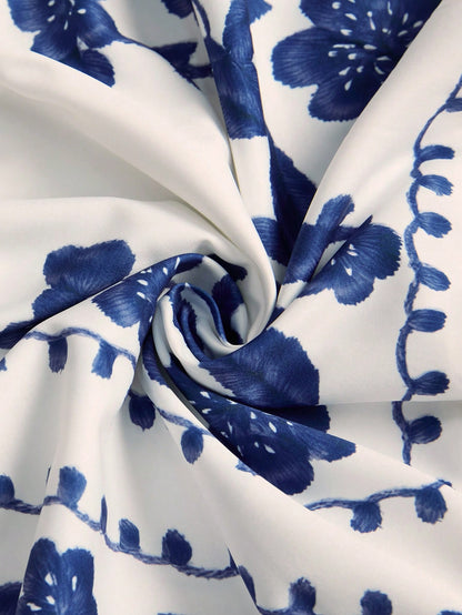 Women's Casual Blue & White Floral Graphic Printed Sleeveless Mini Dress, Rave Outfits Festival Summer Dresses