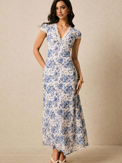 Blue Print Dress, Lace Patchwork Dress, Elegant Long Dress, Women outfit.