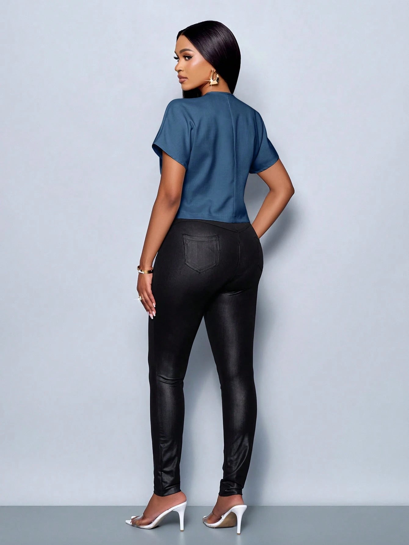 Women's Solid Color V-Neck Metal Button Asymmetric Hem Elegant Short Sleeve Blouse