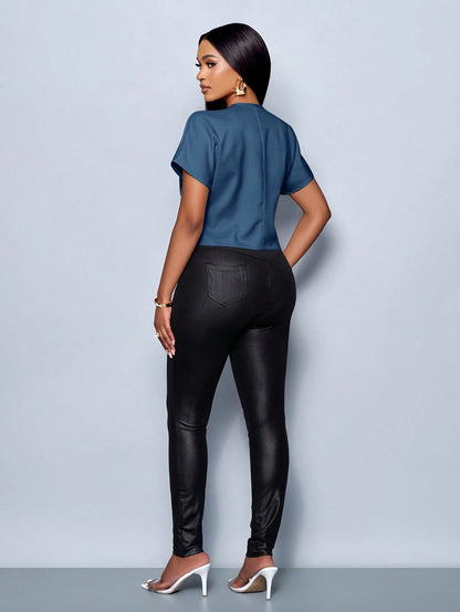 Women's Solid Color V-Neck Metal Button Asymmetric Hem Elegant Short Sleeve Blouse