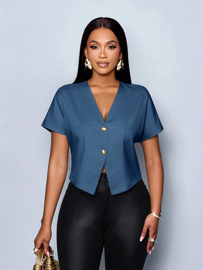 Women's Solid Color V-Neck Metal Button Asymmetric Hem Elegant Short Sleeve Blouse