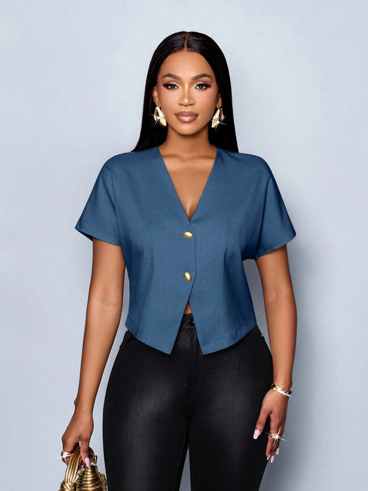 Women's Solid Color V-Neck Metal Button Asymmetric Hem Elegant Short Sleeve Blouse
