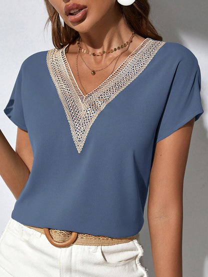 Classy Contrast Guipure Lace Dolman Sleeve Blouse, Short Sleeve Tops.