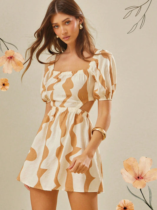 Women's Geometric Print Square Neck Puff Sleeve Cutout Waist Mini Dress