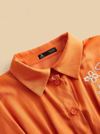 Women's , Spring/Summer Business Casual  Embroidered Collar Waist Cinched Half Sleeve Shirt Dress