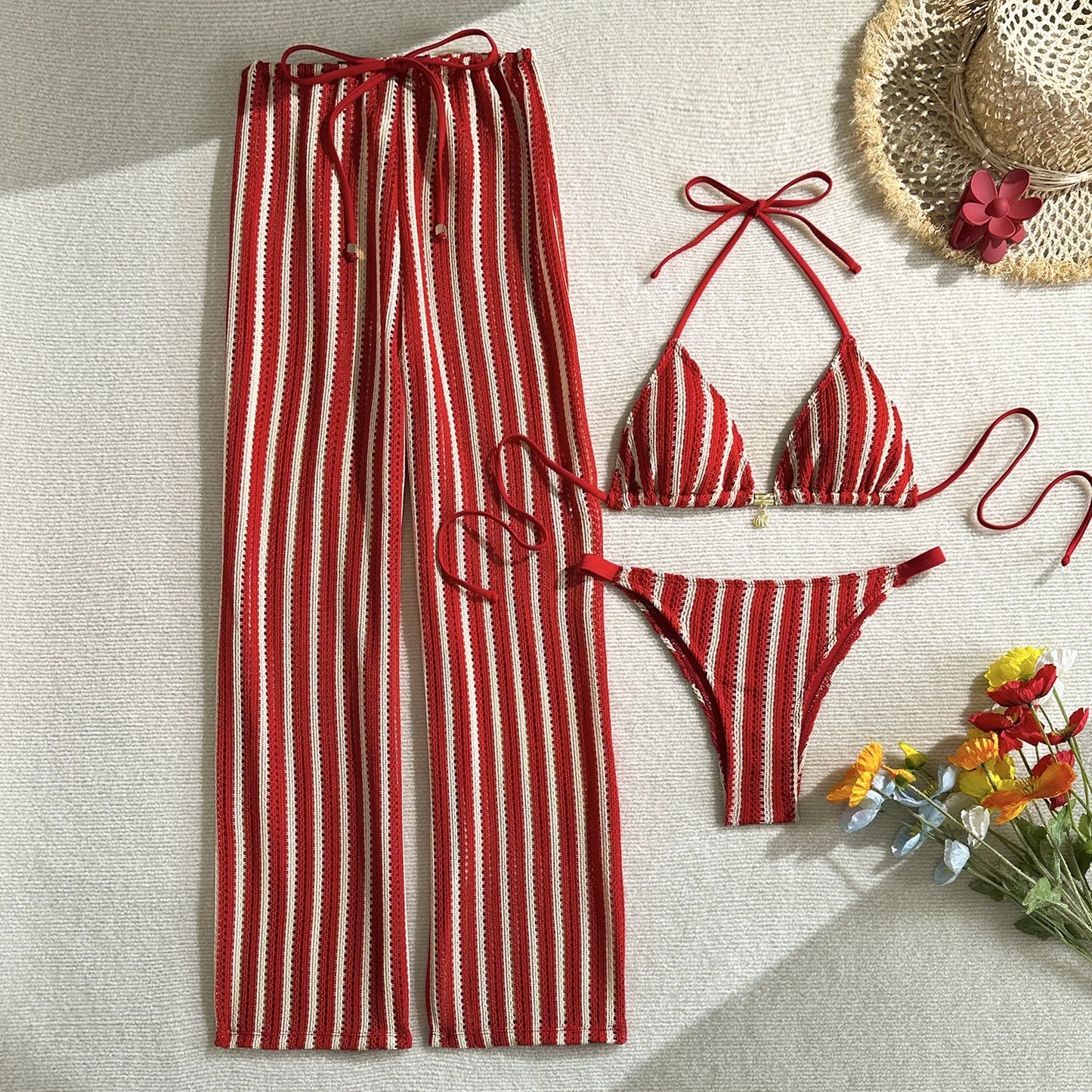 Woman Vintage Red Striped Bikini Set 2026
