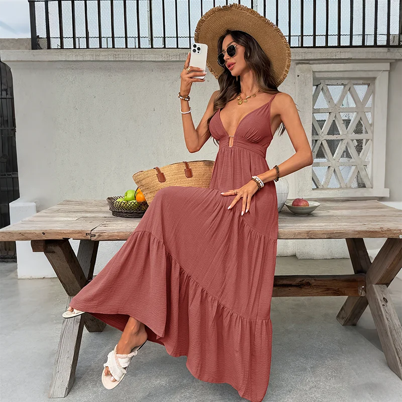 2026 Summer New Design - Solid-color Wide-Arm Deep-V Neck Beach Style Dress, Laid-back Beach Dress for Women