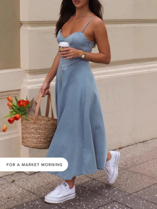Fashion Spaghetti Strap Dresses For Women Summer Casual Beach Vestidos Midi Dress Sleeveless Slim A Line Dress