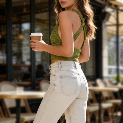 Sexy Halter Tops Women Y2K Fashion Sexy Knitted V Neck Sleeveless Backless Corset Top Crop Cami Tank Top Beachwear Sport Summer
