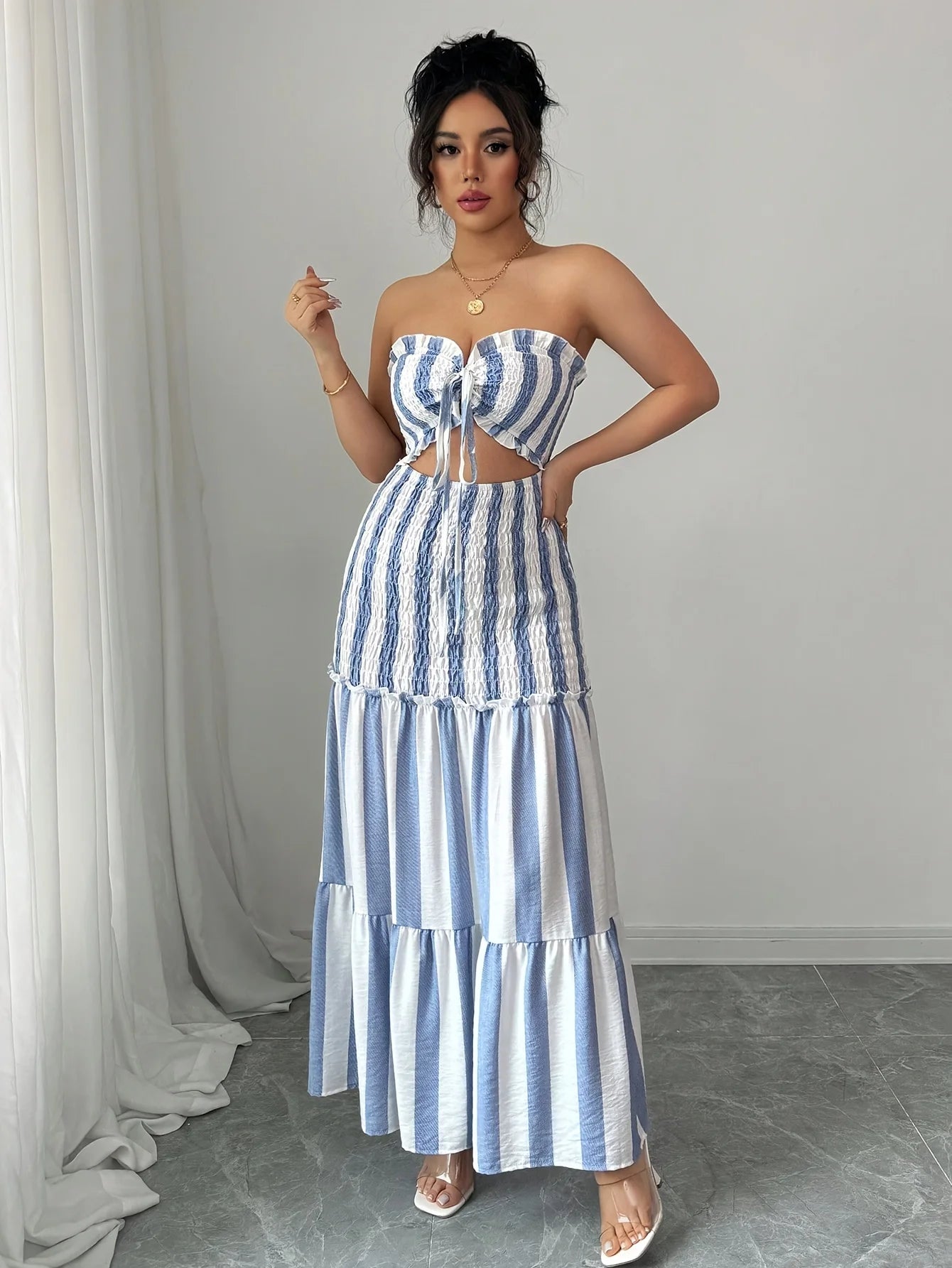 Fashionable Striped Off-Shoulder Dress Women's Front-Braided Gathered Skirt Elegant Gown for Ladies