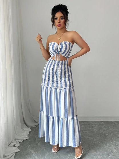 Fashionable Striped Off-Shoulder Dress Women's Front-Braided Gathered Skirt Elegant Gown for Ladies