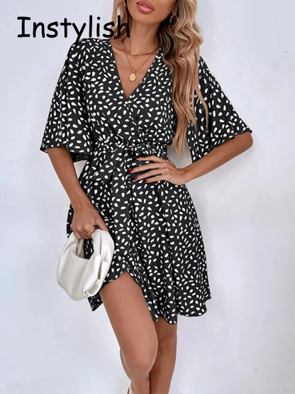 Casual Dot Print Mini Dress with Belt Elegant Chic Half Sleeve V Neck A Line Sundress Vintage Harajuku Short Dress Beach Party