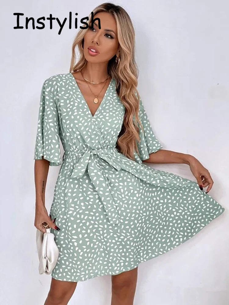 Casual Dot Print Mini Dress with Belt Elegant Chic Half Sleeve V Neck A Line Sundress Vintage Harajuku Short Dress Beach Party
