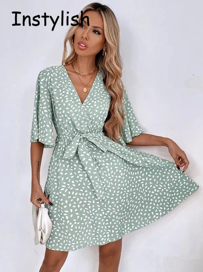 Casual Dot Print Mini Dress with Belt Elegant Chic Half Sleeve V Neck A Line Sundress Vintage Harajuku Short Dress Beach Party