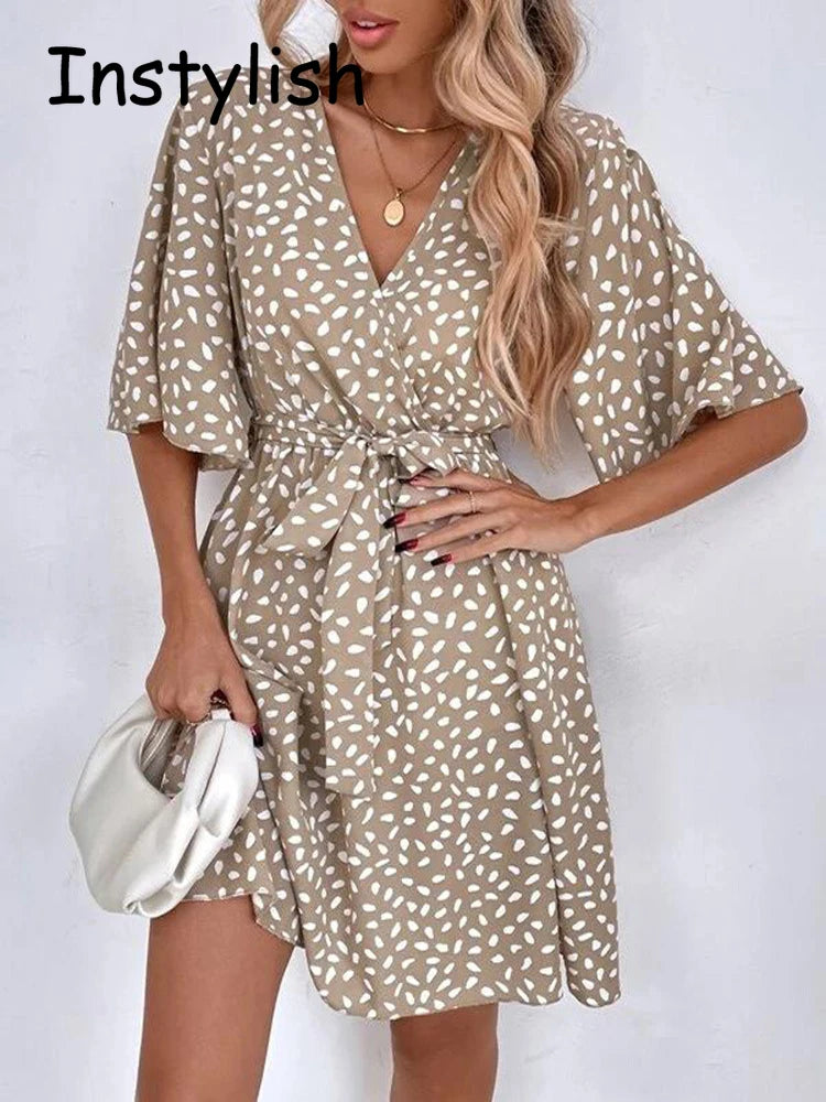 Casual Dot Print Mini Dress with Belt Elegant Chic Half Sleeve V Neck A Line Sundress Vintage Harajuku Short Dress Beach Party