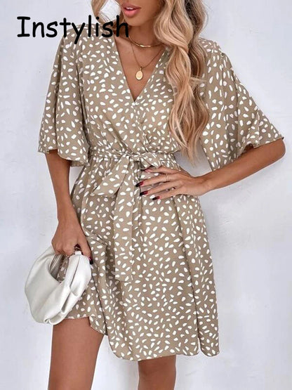 Casual Dot Print Mini Dress with Belt Elegant Chic Half Sleeve V Neck A Line Sundress Vintage Harajuku Short Dress Beach Party