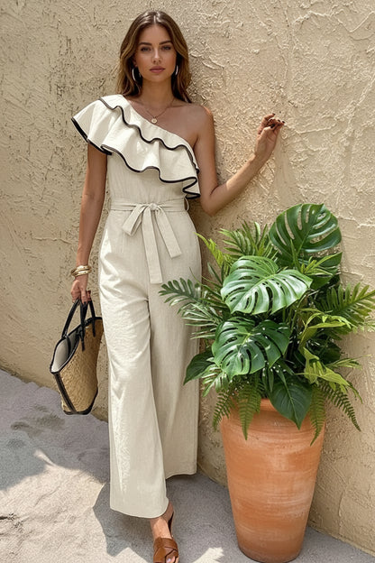 Summer new single-shoulder ruffled strap waist-hugging one-piece pants for women, suitable for daily wear