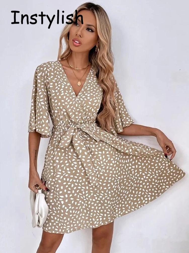 Casual Dot Print Mini Dress with Belt Elegant Chic Half Sleeve V Neck A Line Sundress Vintage Harajuku Short Dress Beach Party