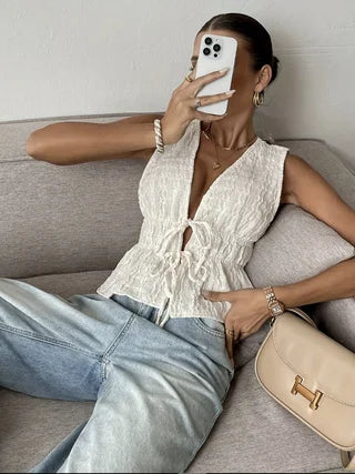 Ladies' Elegant V-Neck Textured Front-Tie Ruffled Sleeveless Top