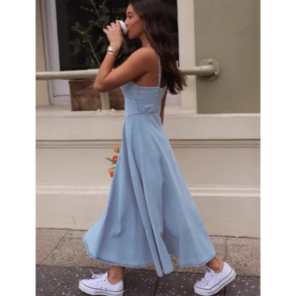 Fashion Spaghetti Strap Dresses For Women Summer Casual Beach Vestidos Midi Dress Sleeveless Slim A Line Dress