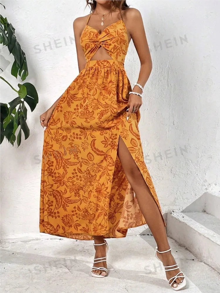 Women's Summer New Casual Halter Neck Dress Sexy Hollow Twisted Pleated Lace-up Backless Fashion Printed Loose Split Dresses