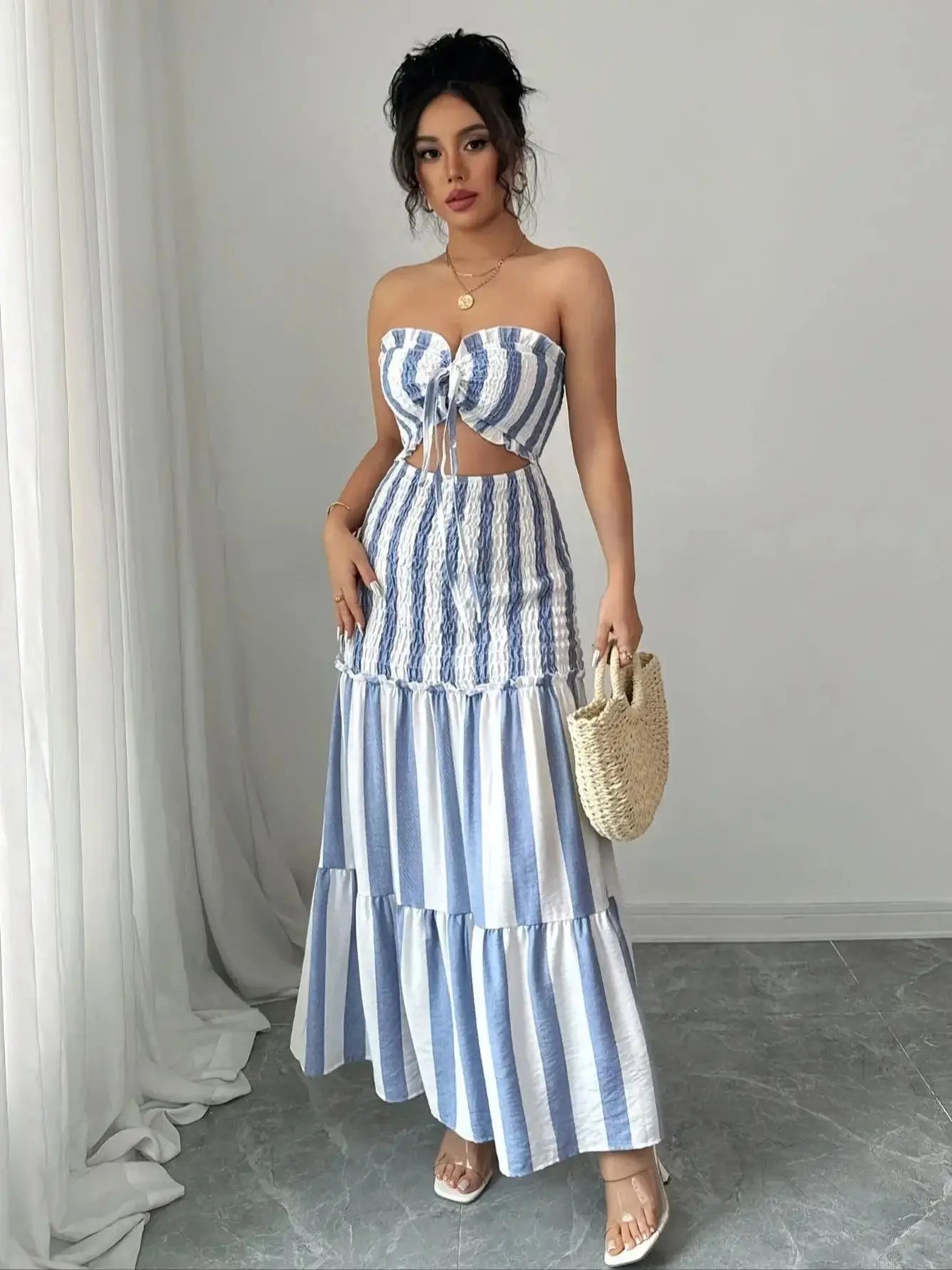 Fashionable Striped Off-Shoulder Dress Women's Front-Braided Gathered Skirt Elegant Gown for Ladies