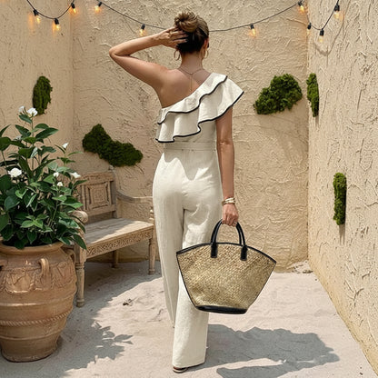 Summer new single-shoulder ruffled strap waist-hugging one-piece pants for women, suitable for daily wear