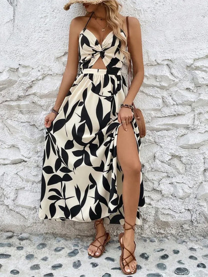 Women's Summer New Casual Halter Neck Dress Sexy Hollow Twisted Pleated Lace-up Backless Fashion Printed Loose Split Dresses