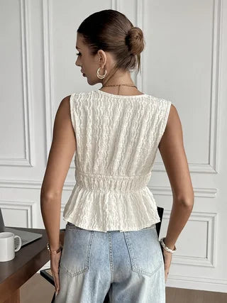 Ladies' Elegant V-Neck Textured Front-Tie Ruffled Sleeveless Top