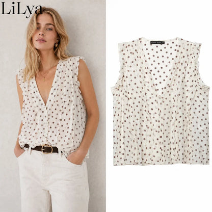 2026 Summer Fashion New Women Top Fashion V Neck Layered Polka Dot Printed Shirt Casual Versatile Street Style Woman Top Outfit