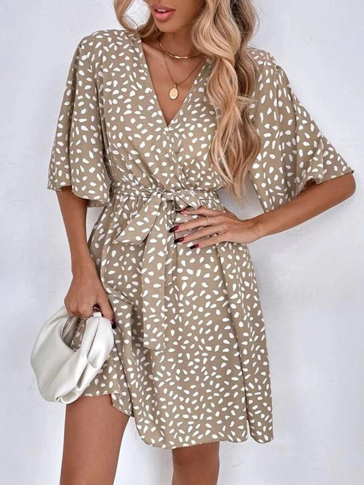 Casual Dot Print Mini Dress with Belt Elegant Chic Half Sleeve V Neck A Line Sundress Vintage Harajuku Short Dress Beach Party