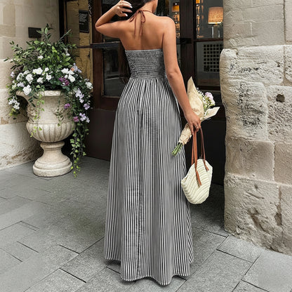 2026 Summer New Style Deep V-neck Striped Beach Dress, Sexy Backless Sleeveless Neckline Long Dress