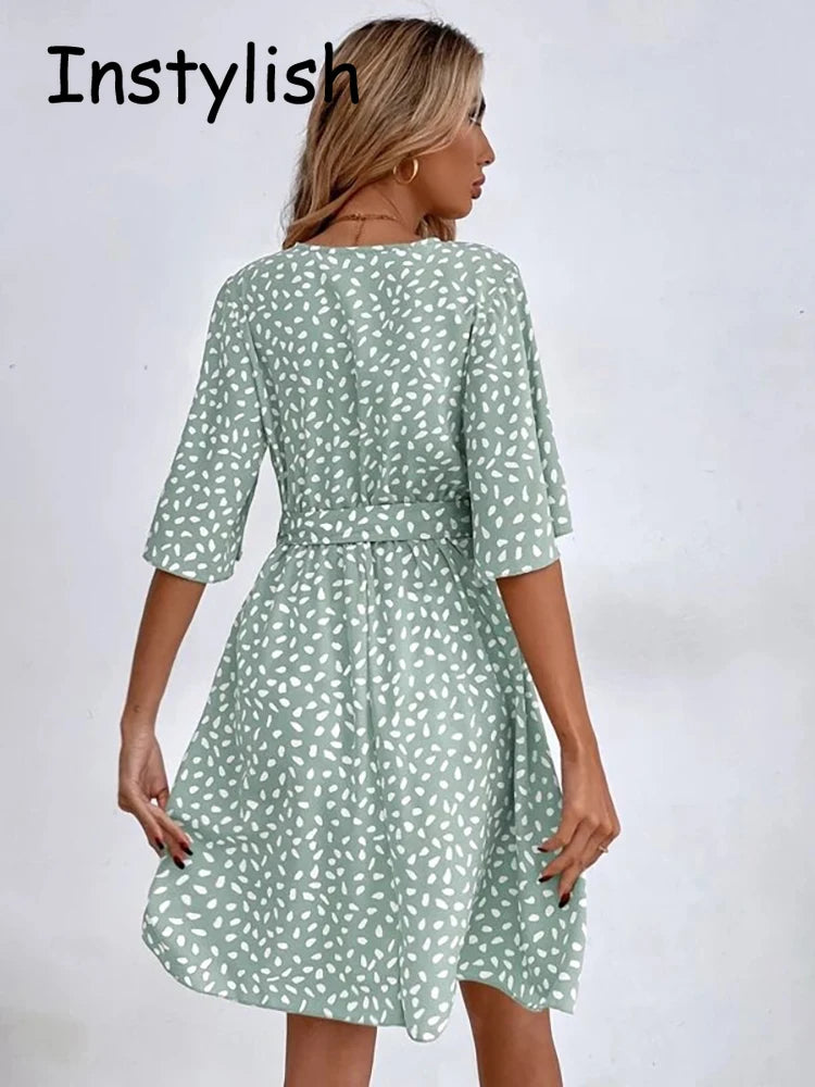 Casual Dot Print Mini Dress with Belt Elegant Chic Half Sleeve V Neck A Line Sundress Vintage Harajuku Short Dress Beach Party