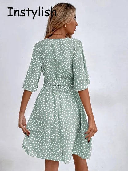 Casual Dot Print Mini Dress with Belt Elegant Chic Half Sleeve V Neck A Line Sundress Vintage Harajuku Short Dress Beach Party