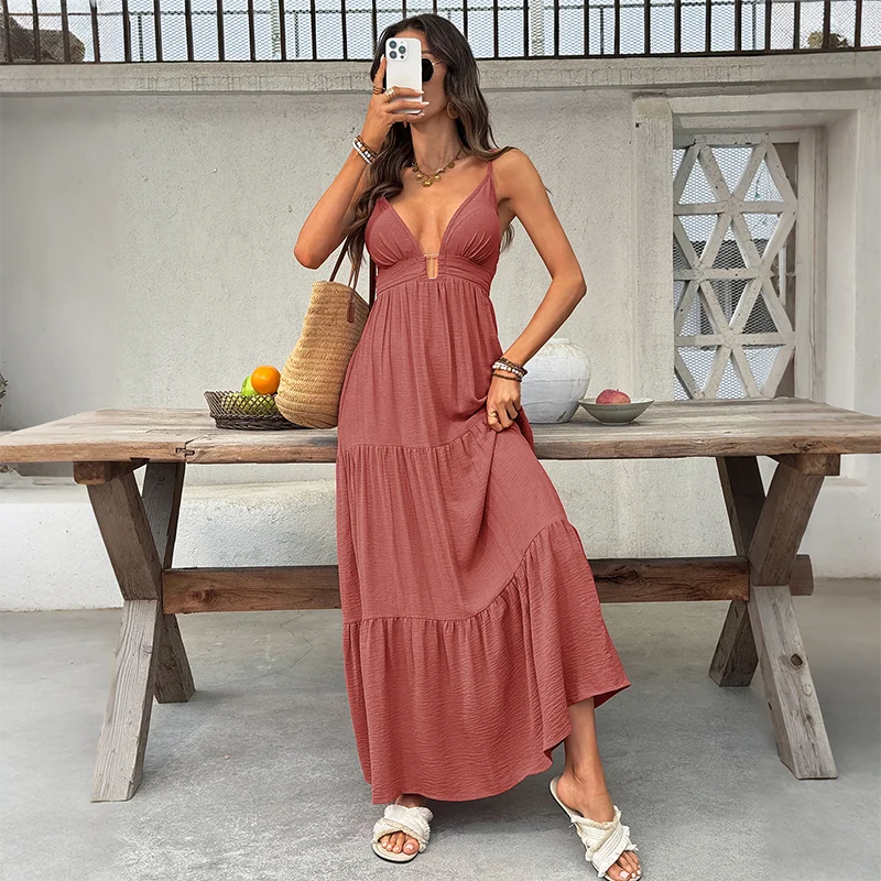 2026 Summer New Design - Solid-color Wide-Arm Deep-V Neck Beach Style Dress, Laid-back Beach Dress for Women
