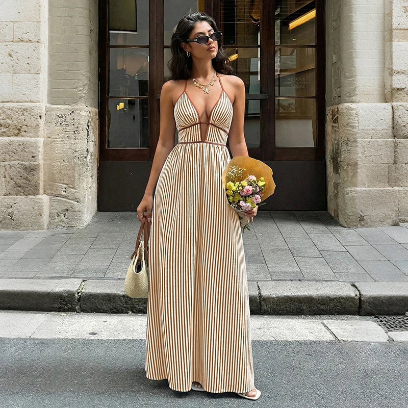 2026 Summer New Style Deep V-neck Striped Beach Dress, Sexy Backless Sleeveless Neckline Long Dress