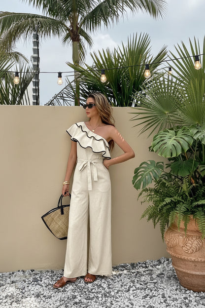 Summer new single-shoulder ruffled strap waist-hugging one-piece pants for women, suitable for daily wear