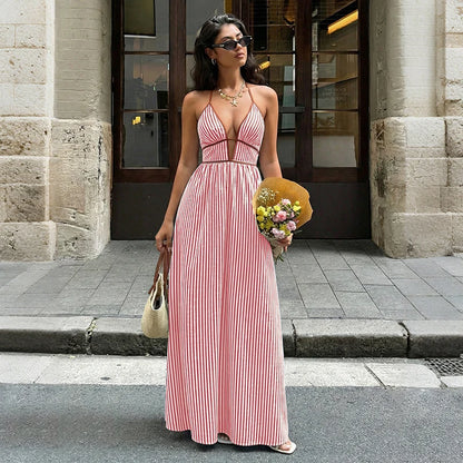 2026 Summer New Style Deep V-neck Striped Beach Dress, Sexy Backless Sleeveless Neckline Long Dress