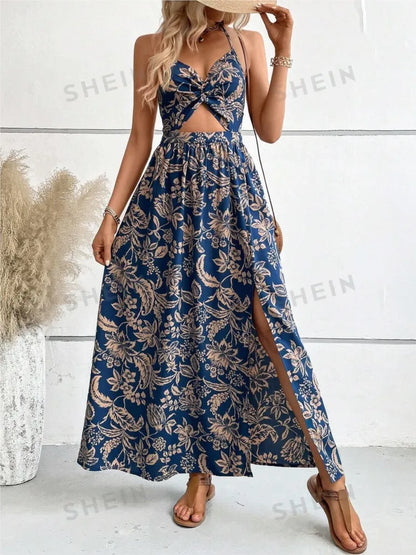 Women's Summer New Casual Halter Neck Dress Sexy Hollow Twisted Pleated Lace-up Backless Fashion Printed Loose Split Dresses